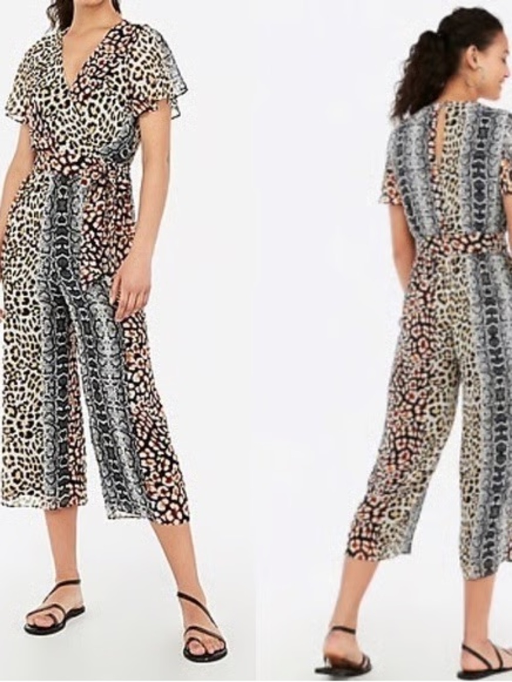 Express Mixed Animal Print Cropped Jumpsuit